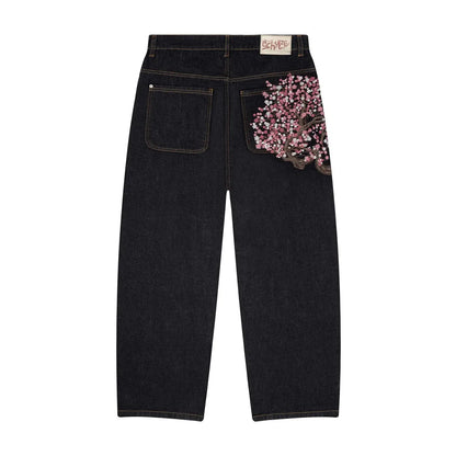 Y2k Vintage Baggy Fallen Knight Cherry Blossom Embroidery Jeans Men Women Fashion Straight Wide-leg Denim Pants Streetwear Jean