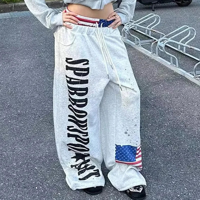 Y2K College American Hip-hop Goth Print Drawstring Wide Leg Sweatpants Loose 90s High Street Sports Trousers Floor Length Pants