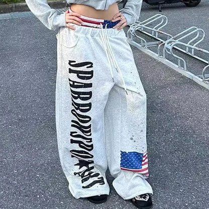 Y2K College American Hip-hop Goth Print Drawstring Wide Leg Sweatpants Loose 90s High Street Sports Trousers Floor Length Pants