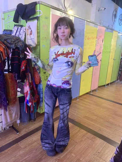 Karrram Japanese Y2k Anime Print T-shirt 2000s Aesthetics Long Sleeve Tee Shirt Vintage Harajuku Slim Tops Kawaii Lolita T Shirt