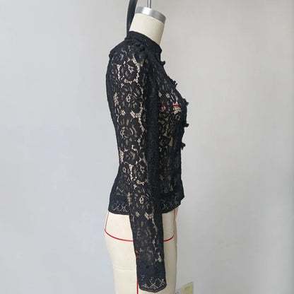 White Lace Printed Shirts Tops Women Full Sleeve Hollow Out Single Breasted Patchwork Blouse 2026 Lady Fashion Shrug Shirts New