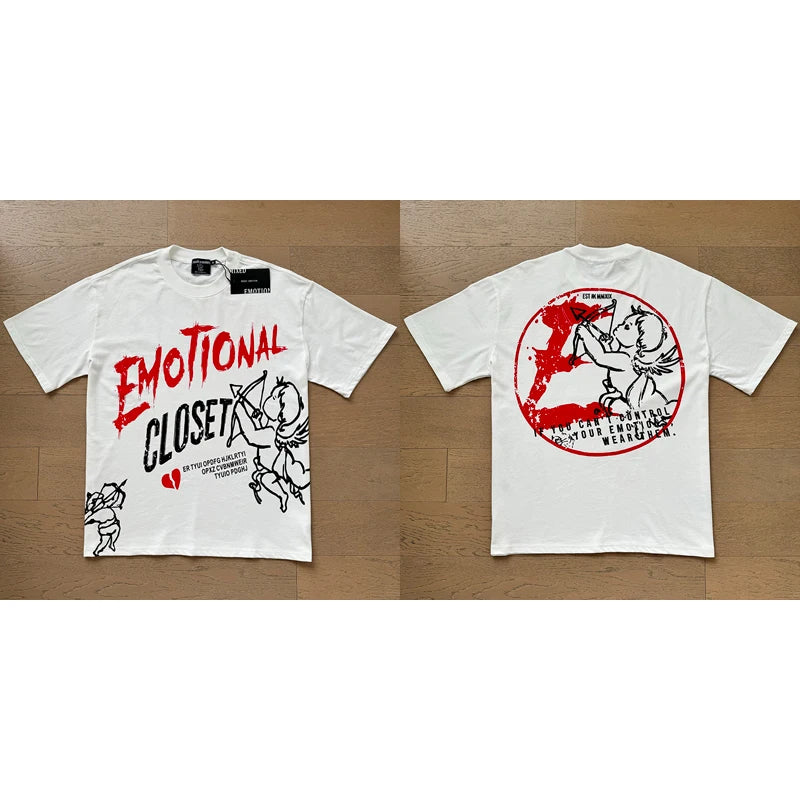 Fashion Brand MIXED EMOTION T-shirts Men Women Couple Streetwear Angel Print Summer Top Tee Round Neck Short Sleeve