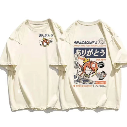 Japanese Streetwear T-shirt Men Koi Fish Soy Sauce Print Casual Women Short Sleeve Tee Summer 2025 Anime Fashion Y2k Clothes