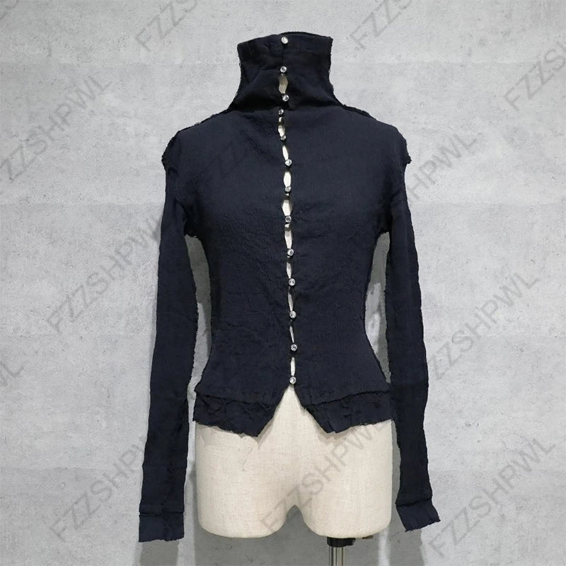 Y2K Vintage Aesthetics Women's Blouse Sexy Slim Fit Chic Button Design High-Neck Short-Sleeve T-Shirt Fashion Female Streetwear