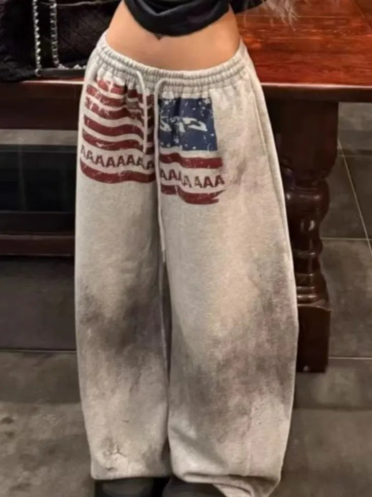 Y2K College American Hip-hop Goth Print Drawstring Wide Leg Sweatpants Loose 90s High Street Sports Trousers Floor Length Pants
