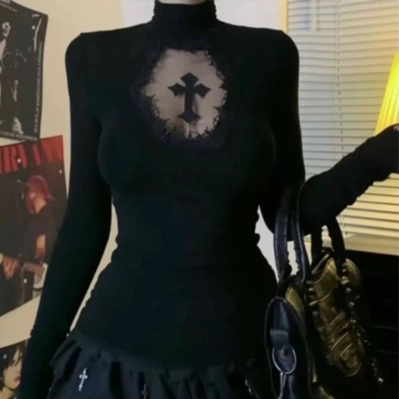 Turtleneck Top Y2k Clothes Black Gothic Cross Hollow out Slimming Bottoming shirt for Women Long Sleeve Sexy T-shirt Girls Tops