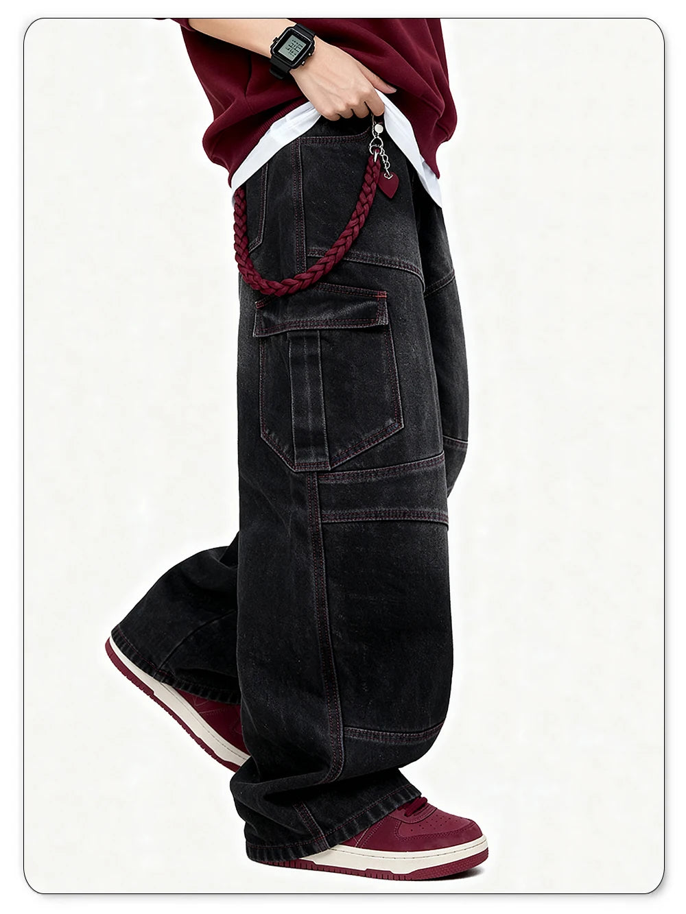 Men's American Street Retro Deconstruction Loose Wide Leg Jeans Unisex Baggy Men's Clothes Multi Pocket Skateboard Pants Jeans