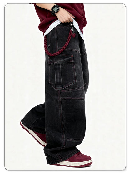 Men's American Street Retro Deconstruction Loose Wide Leg Jeans Unisex Baggy Men's Clothes Multi Pocket Skateboard Pants Jeans