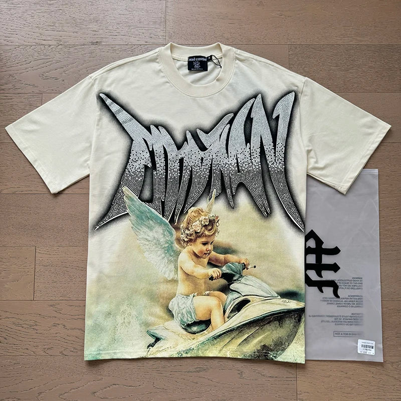 Fashion Brand MIXED EMOTION T-shirts Men Women Couple Streetwear Angel Print Summer Top Tee Round Neck Short Sleeve