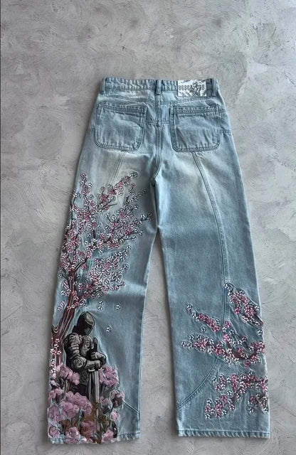 Y2k Vintage Baggy Fallen Knight Cherry Blossom Embroidery Jeans Men Women Fashion Straight Wide-leg Denim Pants Streetwear Jean