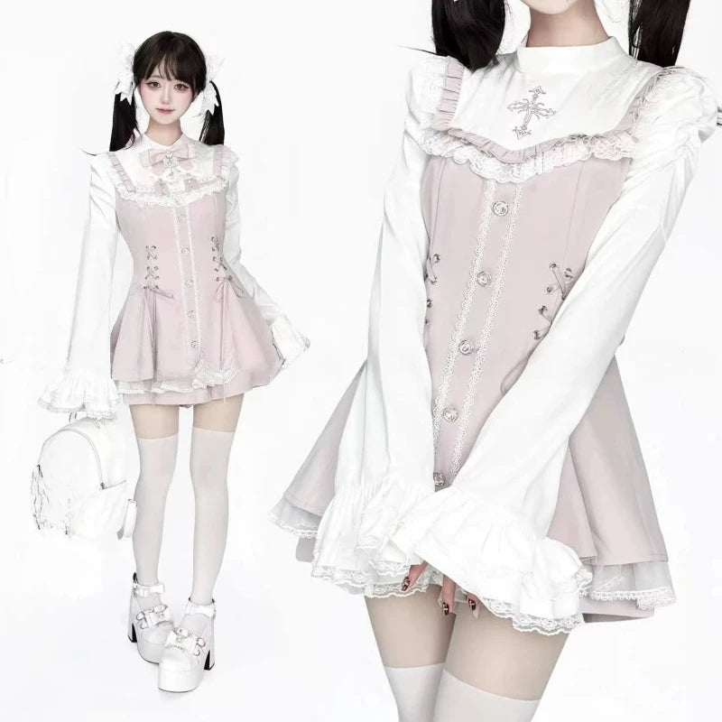 Japanese Style Lolita Sweet Dress Set 2026 New Vintage Plaid Cute Bow Short Sleeved Tops Jk Casual Y2k Shorts Girls Kawaii Set