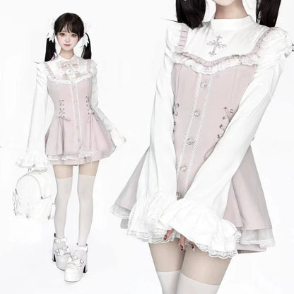 Japanese Style Lolita Sweet Dress Set 2026 New Vintage Plaid Cute Bow Short Sleeved Tops Jk Casual Y2k Shorts Girls Kawaii Set