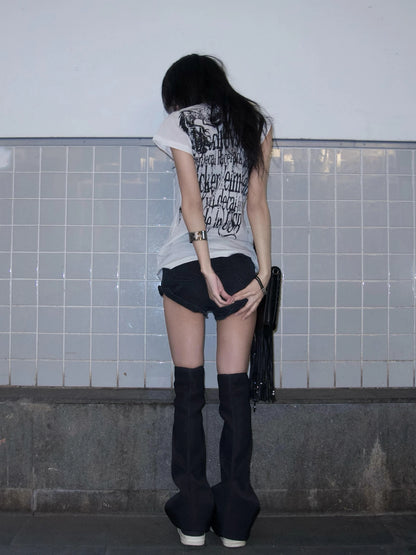 Karrram Japanese Y2k Letter Print T-shirt Trashy 2000s Style Tattoo T Shirt Vintage Harajuku Short Sleeve Sheer Tops Grunge Goth