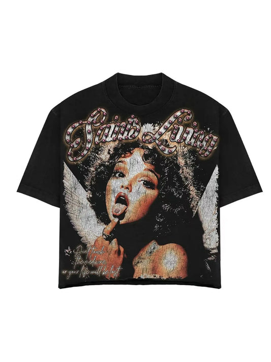 Men's Y2K Vintage Pattern T-Shirt Angel Wings and Lips Design Black Casual Short Sleeve Shirt Summer Essential Street Style