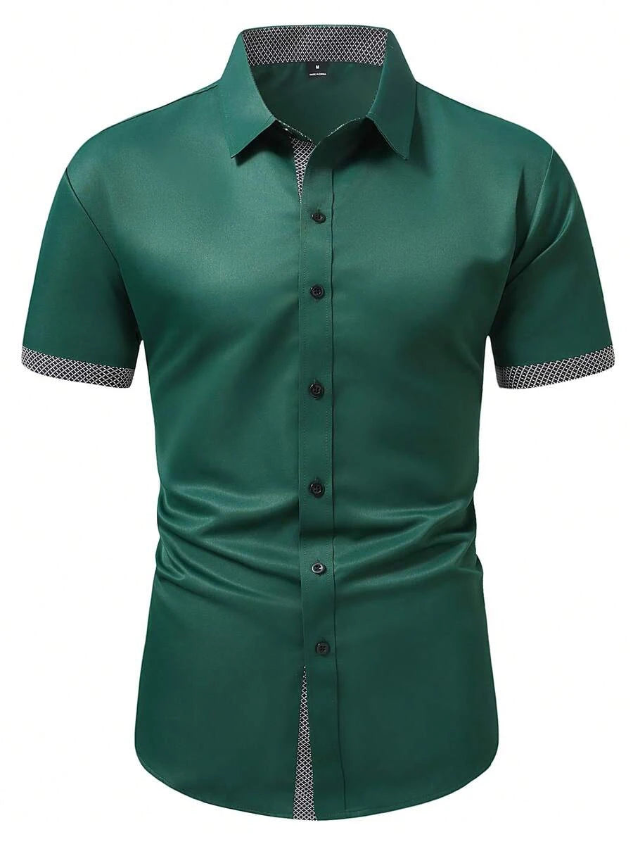 Spring Summer New Men Clothes Short Sleeve Spell Color Shirt 95% Polyester 5%Spandex