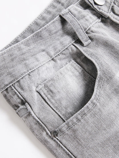 Y2K Men's Jeans - Fashionable Gray Mid-Rise Straight-Leg, Ripped Embroidered Vintage Washed Street Denim