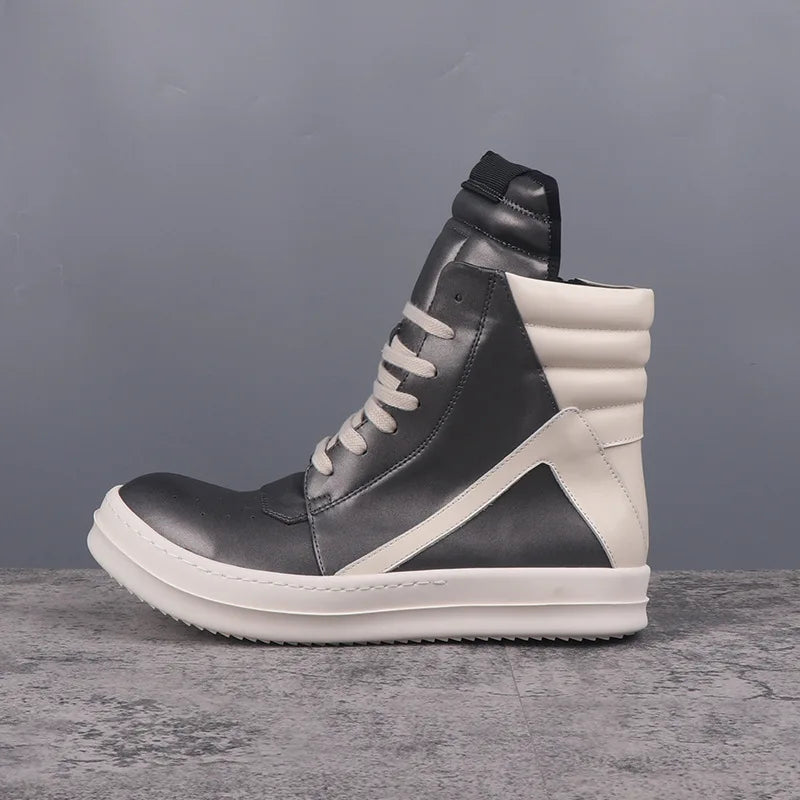 Fashion Men's Casual Shoes Inverted Triangle Design Leather Shoes for Women Black Solid Women's Sneakers Lace-up Men's Shoes