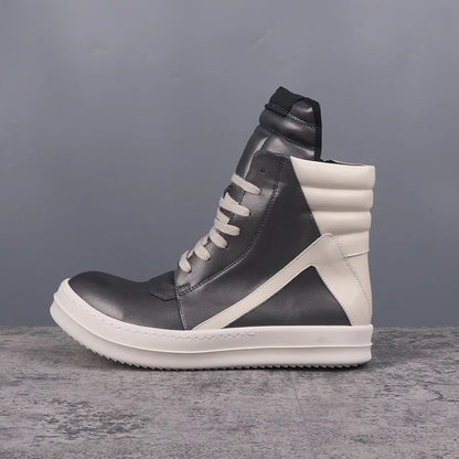 Fashion Men's Casual Shoes Inverted Triangle Design Leather Shoes for Women Black Solid Women's Sneakers Lace-up Men's Shoes