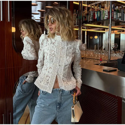 White Lace Printed Shirts Tops Women Full Sleeve Hollow Out Single Breasted Patchwork Blouse 2026 Lady Fashion Shrug Shirts New