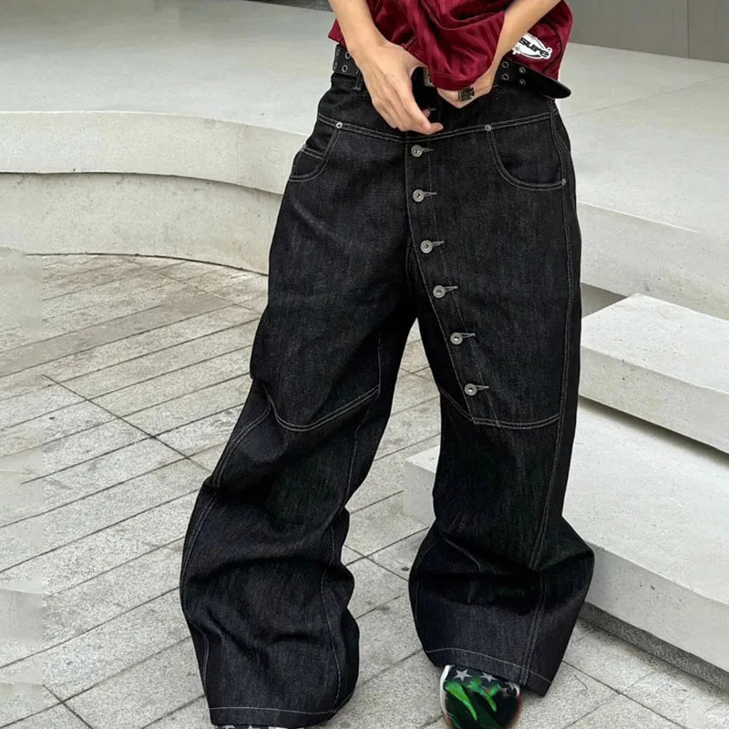 Korean High Street Buckle Curved Jeans Autumn Men'S Loose Straight Leg Pants Black Wide Leg Pants Casual Pants Hip-Hop Pants
