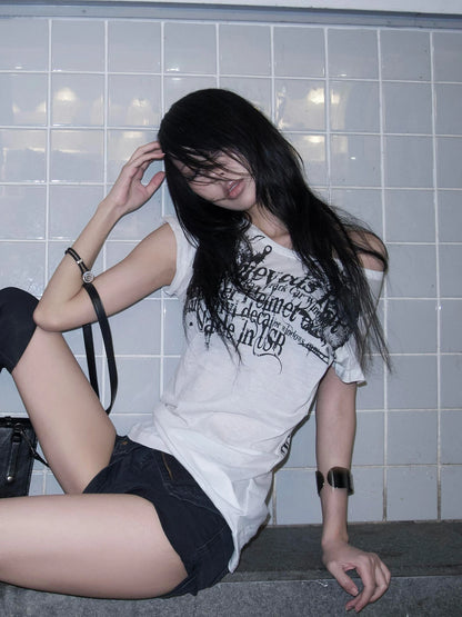 Karrram Japanese Y2k Letter Print T-shirt Trashy 2000s Style Tattoo T Shirt Vintage Harajuku Short Sleeve Sheer Tops Grunge Goth
