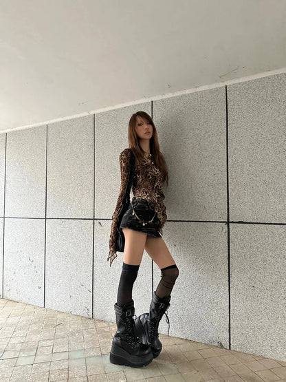 karrram Japanese Y2k Leopard Print Shirt Vintage Harajuku Ruffled Blouses Grunge Aesthetics V-neck Irregular Shirt Trashy 90s