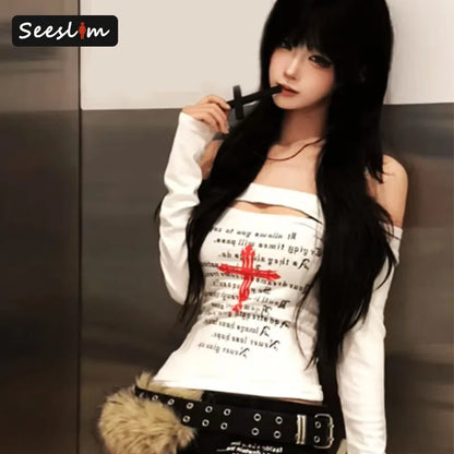 Seeslim Off Shoulder Graphic T Shirts Woman Clothes Long Sleeve Hotsweet Autumn Tops 2000s Clothes Y2k Tees Female Clothing Chic
