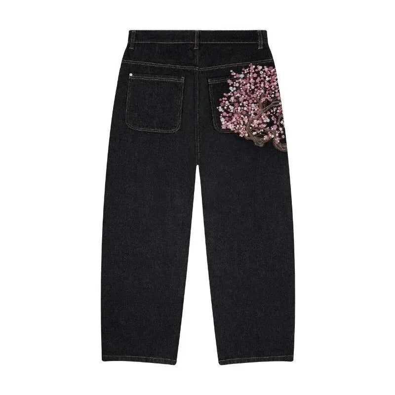 Y2K Two Piece Cherry Blossom Selvedge Embroidery oversized Hoodie Sweatshirt denim fabric American Hip hop Streetwear Pants Set