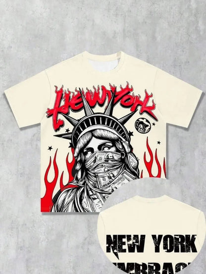 Hot selling new men's Statue of Liberty printed round neck breathable T-shirt and shorts outdoor comfortable two-piece set
