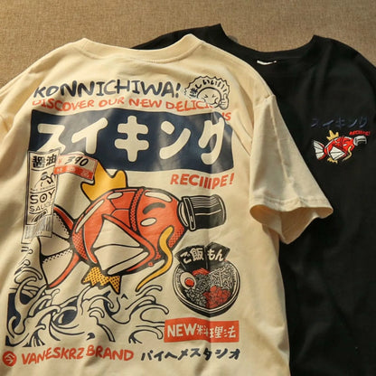 Japanese Streetwear T-shirt Men Koi Fish Soy Sauce Print Casual Women Short Sleeve Tee Summer 2025 Anime Fashion Y2k Clothes
