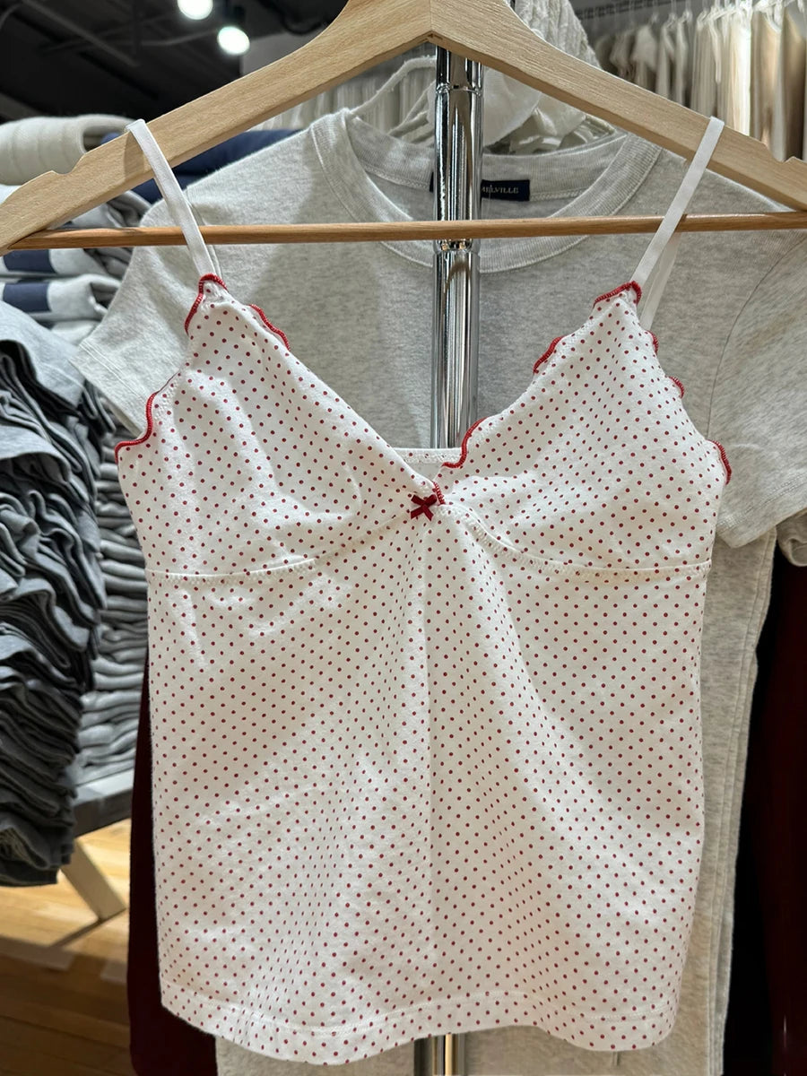 Floral Print Bow V Neck Camis Women Chic Lace Trim Sleeveless Slim Crop Tops Vest Sweet Casual Fashion Raw Hem Tank Top Y2k New