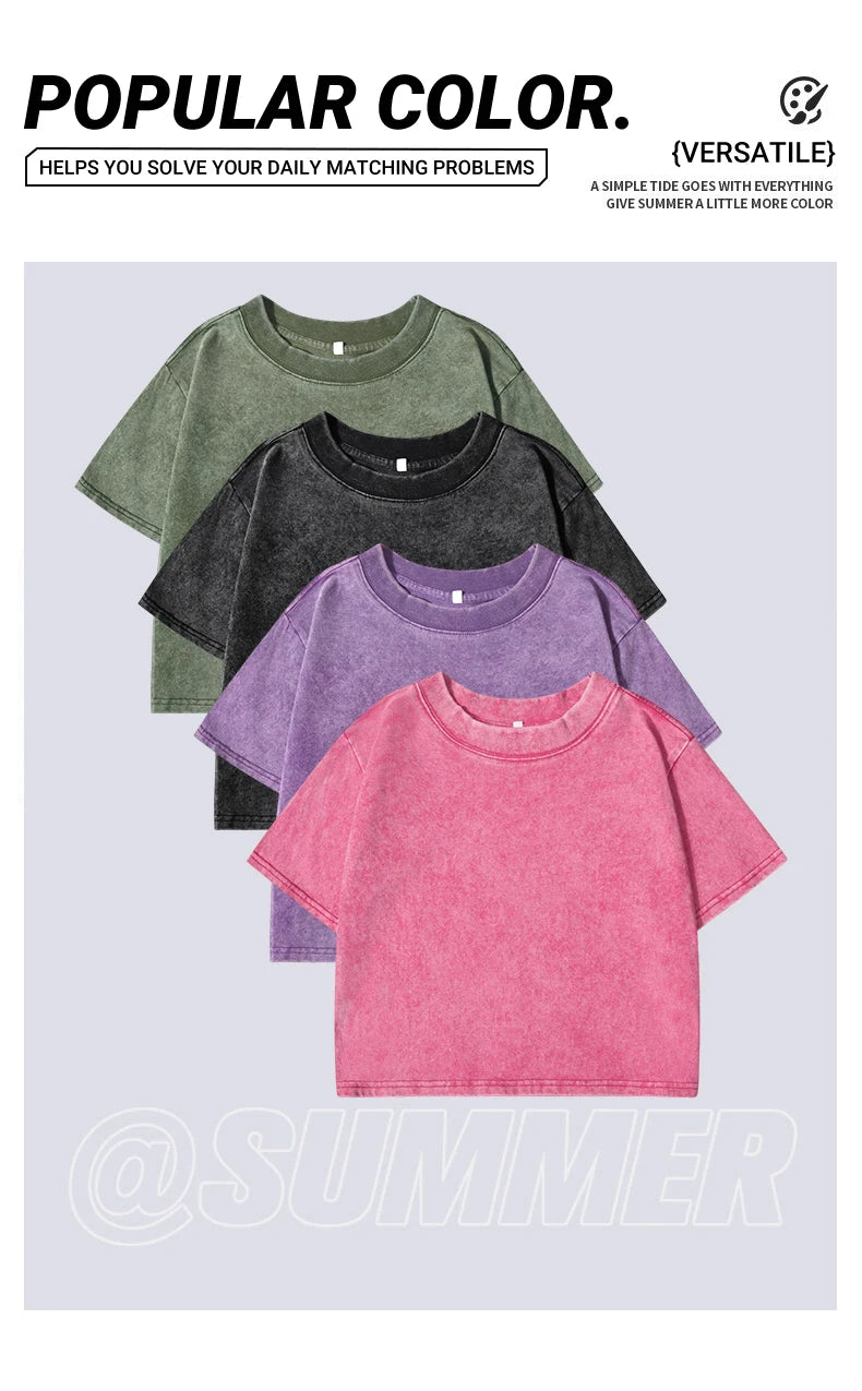Solid Slim Washed T-Shirt Female Fashion Soft Cotton Streetwear Casual Sport Short Sleeve Cool Retro Crop Clothing For Women