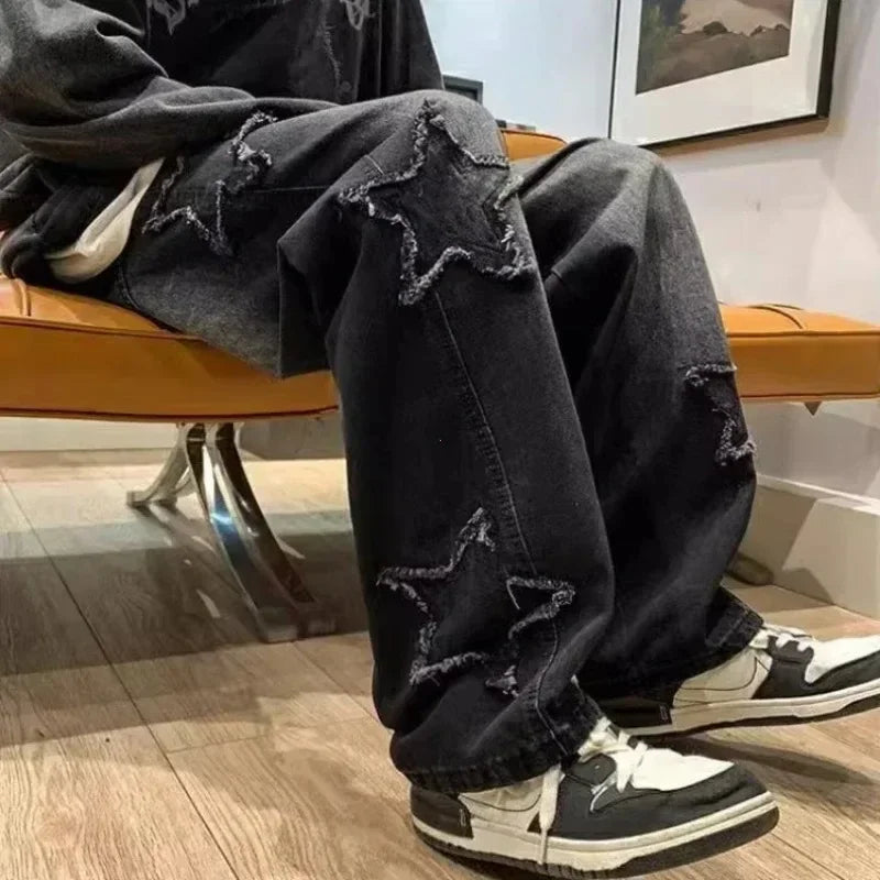 2025 New Fashion Stars Towel Embroidery Brown Men Jeans Pants Y2K Clothes Straight Hip Hop Cotton Trousers Pantalon Homme