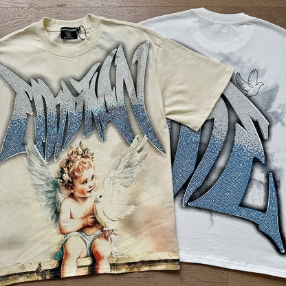 Fashion Brand MIXED EMOTION T-shirts Men Women Couple Streetwear Angel Print Summer Top Tee Round Neck Short Sleeve
