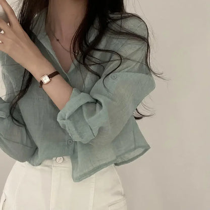 Trendy Shirt Blouse Simple Thin Pure Color Anti-UV Shirt Anti-fade Shirt Top Women Solid Color Sun Protection Shirt Streetwear