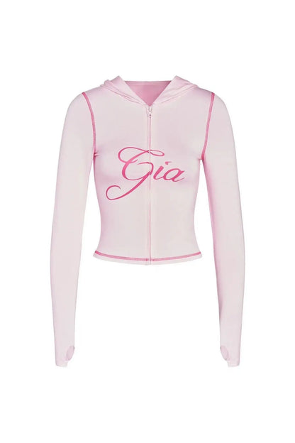 Gia zip-up cap long sleeve high spring top & low waist micro flared pants