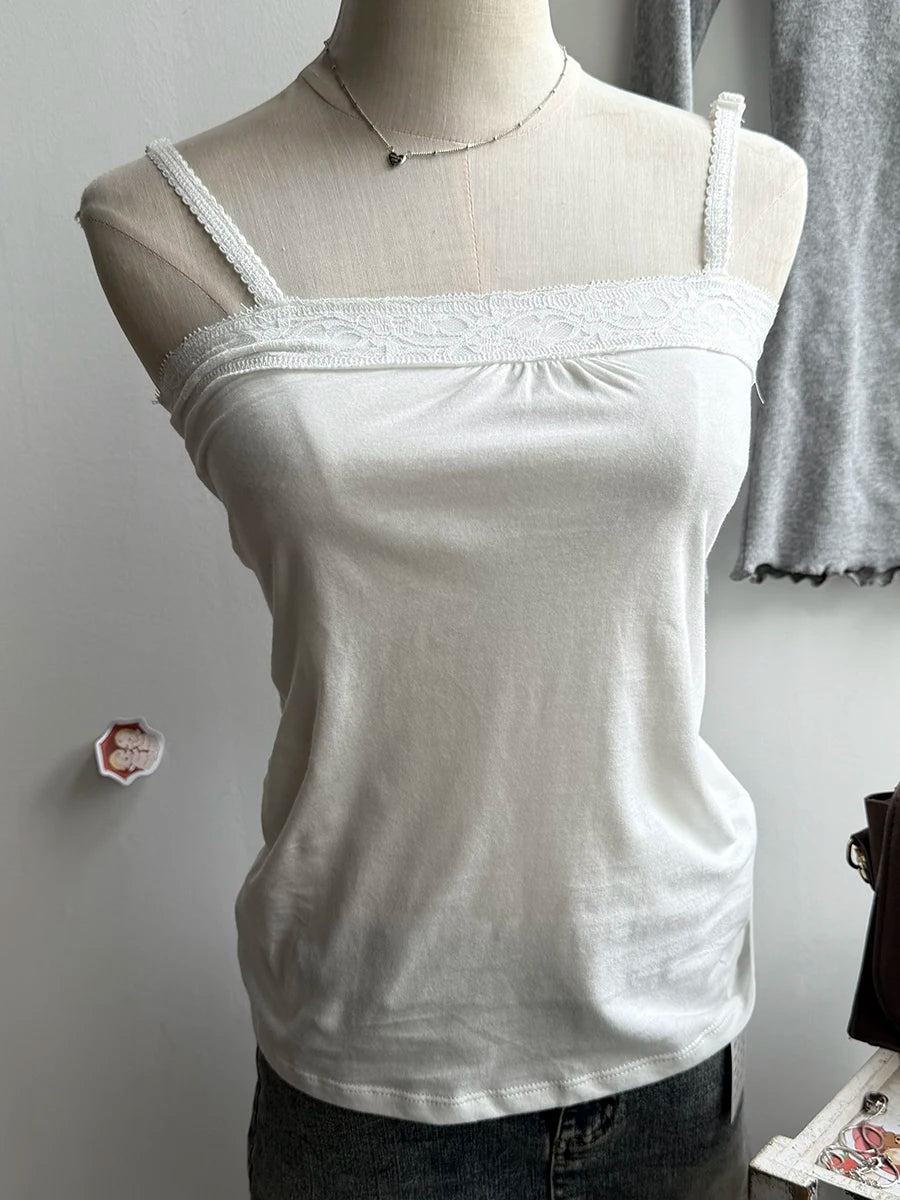Lace Trim Strapless Tops Women Cotton Soft Slim  White Sexy Sleeveless Camisole Sweet Cute Chic Tank Tops Y2K