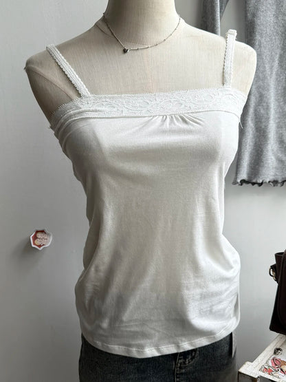 Lace Trim Strapless Tops Women Cotton Soft Slim  White Sexy Sleeveless Camisole Sweet Cute Chic Tank Tops Y2K