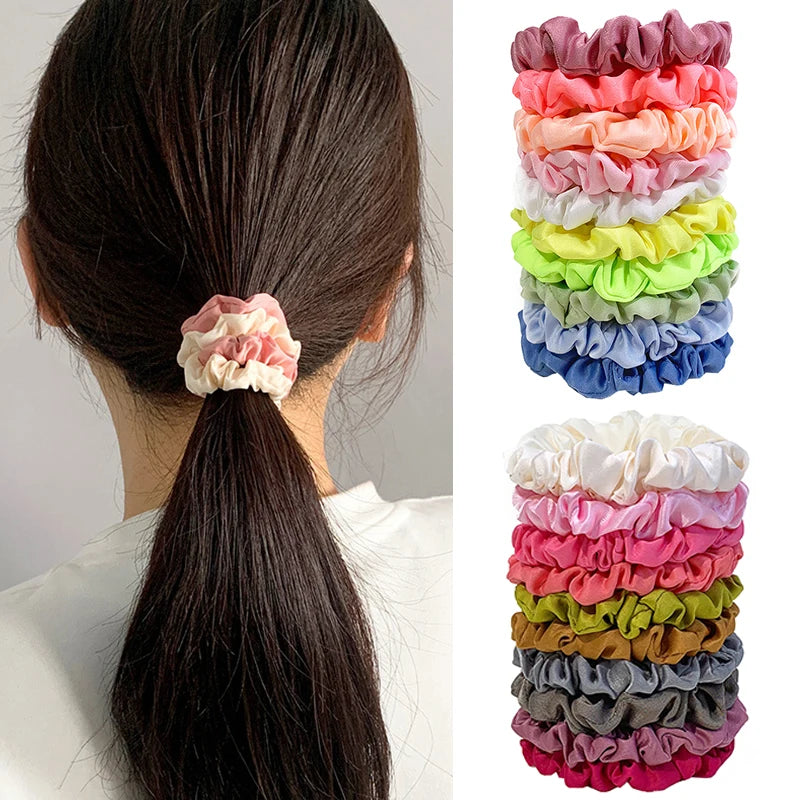 10pcs/Set Colorfu Hair Bands Women Hair Tie Satin Silk Scrunchies Simple Girls Hair Accessories Fabric Loop Hair Rope Headwear