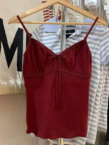 Floral Print Bow V Neck Camis Women Chic Lace Trim Sleeveless Slim Crop Tops Vest Sweet Casual Fashion Raw Hem Tank Top Y2k New