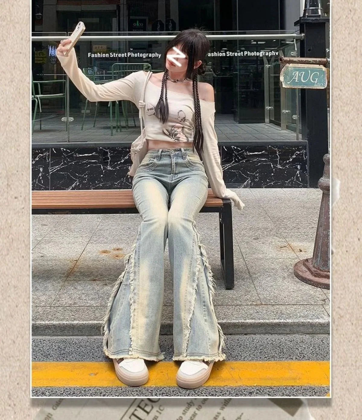Women Vintage Blue Jeans High Waist American Retro 90s Raw Material Edge Design Y2k Denim Pants Streetwear Wide Leg Jeans