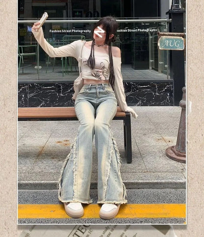 Women Vintage Blue Jeans High Waist American Retro 90s Raw Material Edge Design Y2k Denim Pants Streetwear Wide Leg Jeans