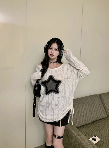Hole Star Loose Y2K T Shirt Women O Neck Drawstring Long Sleeve Tees Fashion Streetwear Kpop Pullover Tops Female T-shirts