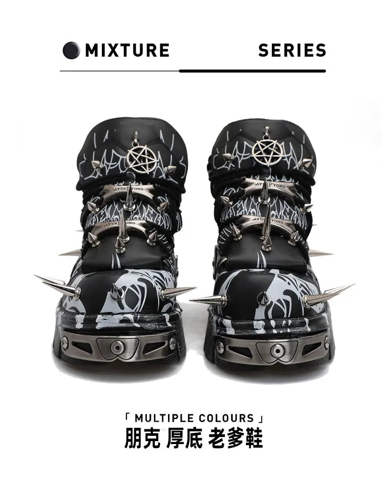 2026 New Original Design Graffiti Platform Men's and Women's Dark Rivets Rock Punk Heightening Muffin Casual Dad Shoes
