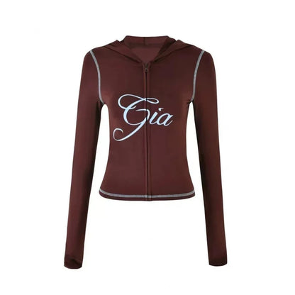 Gia zip-up cap long sleeve high spring top & low waist micro flared pants