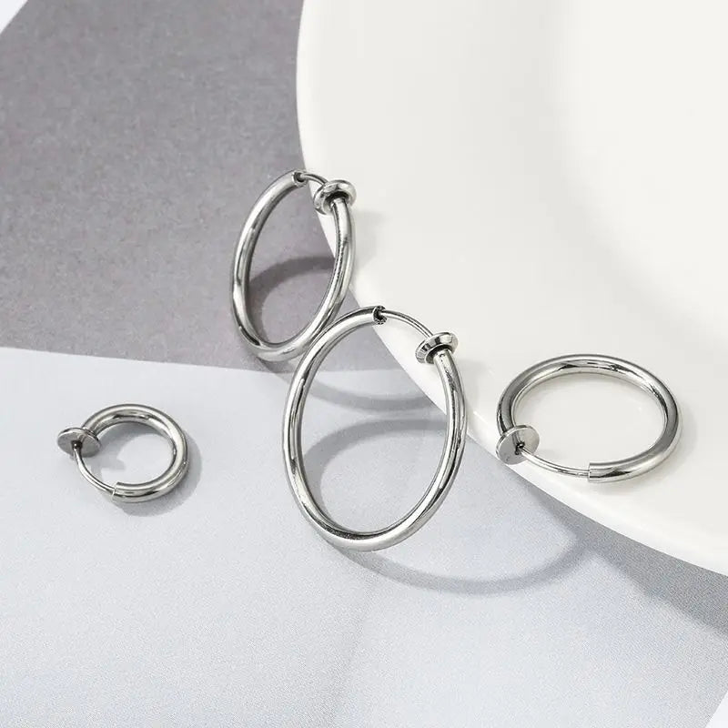 2Pcs Small Hoop Spring Ear Clips Earrings For Women Men Stainless Steel Painless No Piercing Stealth Fake Ear Jewelry 8-16mm