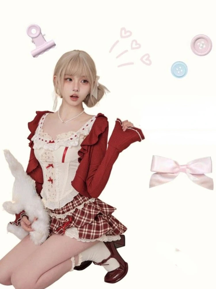 Vintage 3 Piece Skirt Suit Women Kawaii Ruffles Cardigan Outwear Bodycon Vest Blouse + Slim Y2k Skirts Evening Party Lolita Sets