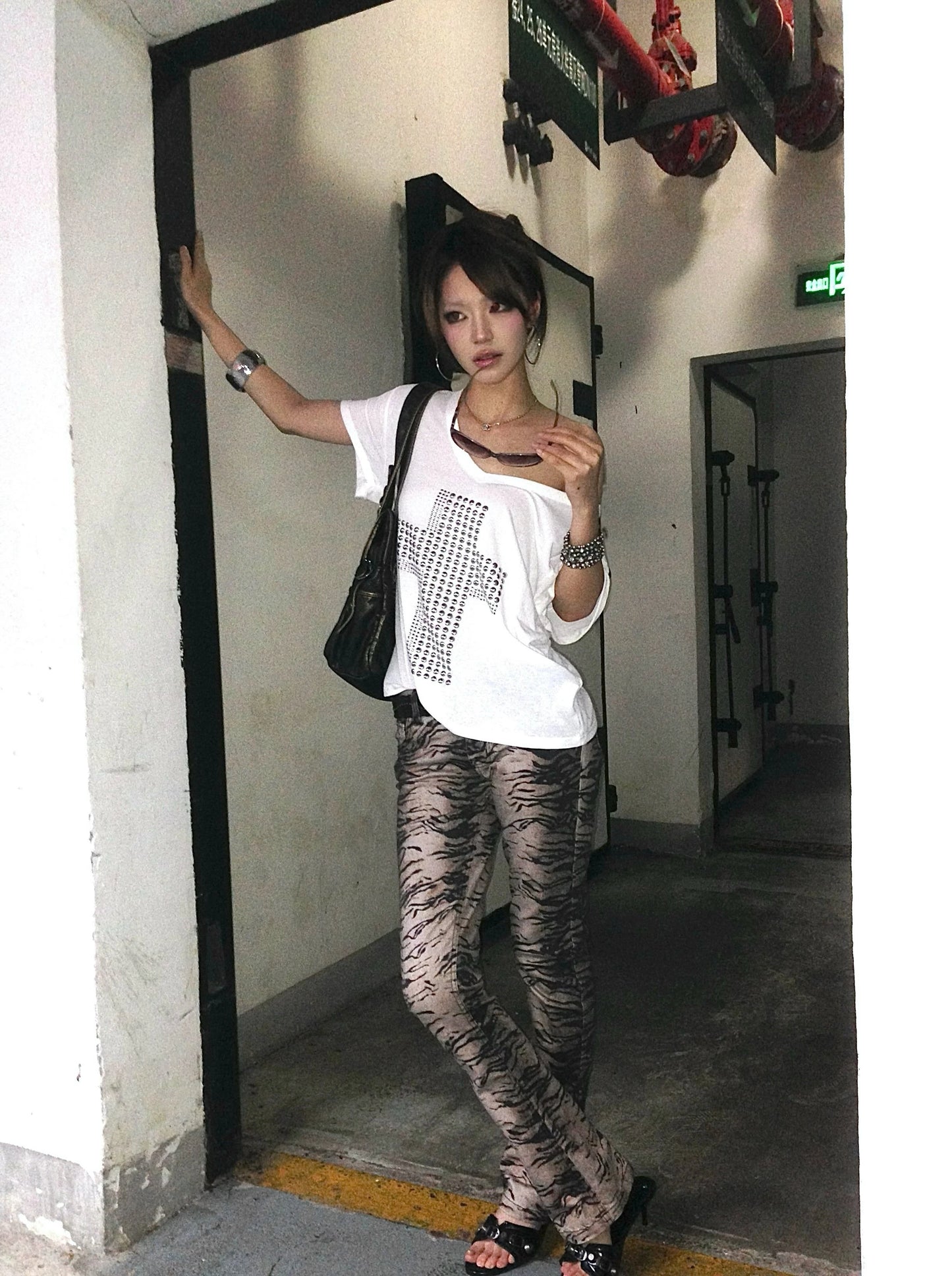 Karrram Japanese Y2k Metal Cross Print T-shirt Trashy 2000s V-neck Sheer Tops Vintage Harajuku Short Sleeve Streetwear Grunge