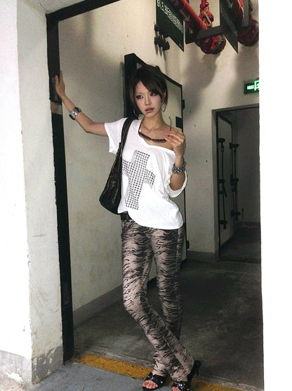 Karrram Japanese Y2k Metal Cross Print T-shirt Trashy 2000s V-neck Sheer Tops Vintage Harajuku Short Sleeve Streetwear Grunge