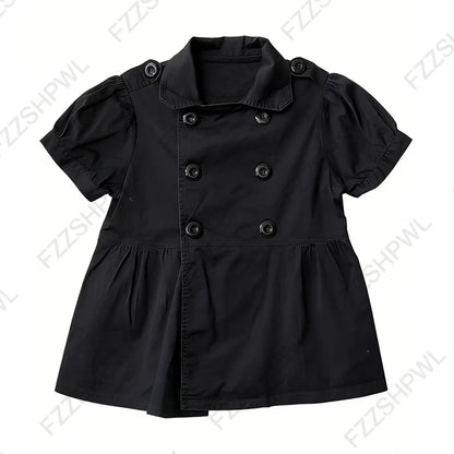 Y2K Vintage Aesthetics Women's Blouse Sexy Slim Fit Chic Button Design High-Neck Short-Sleeve T-Shirt Fashion Female Streetwear